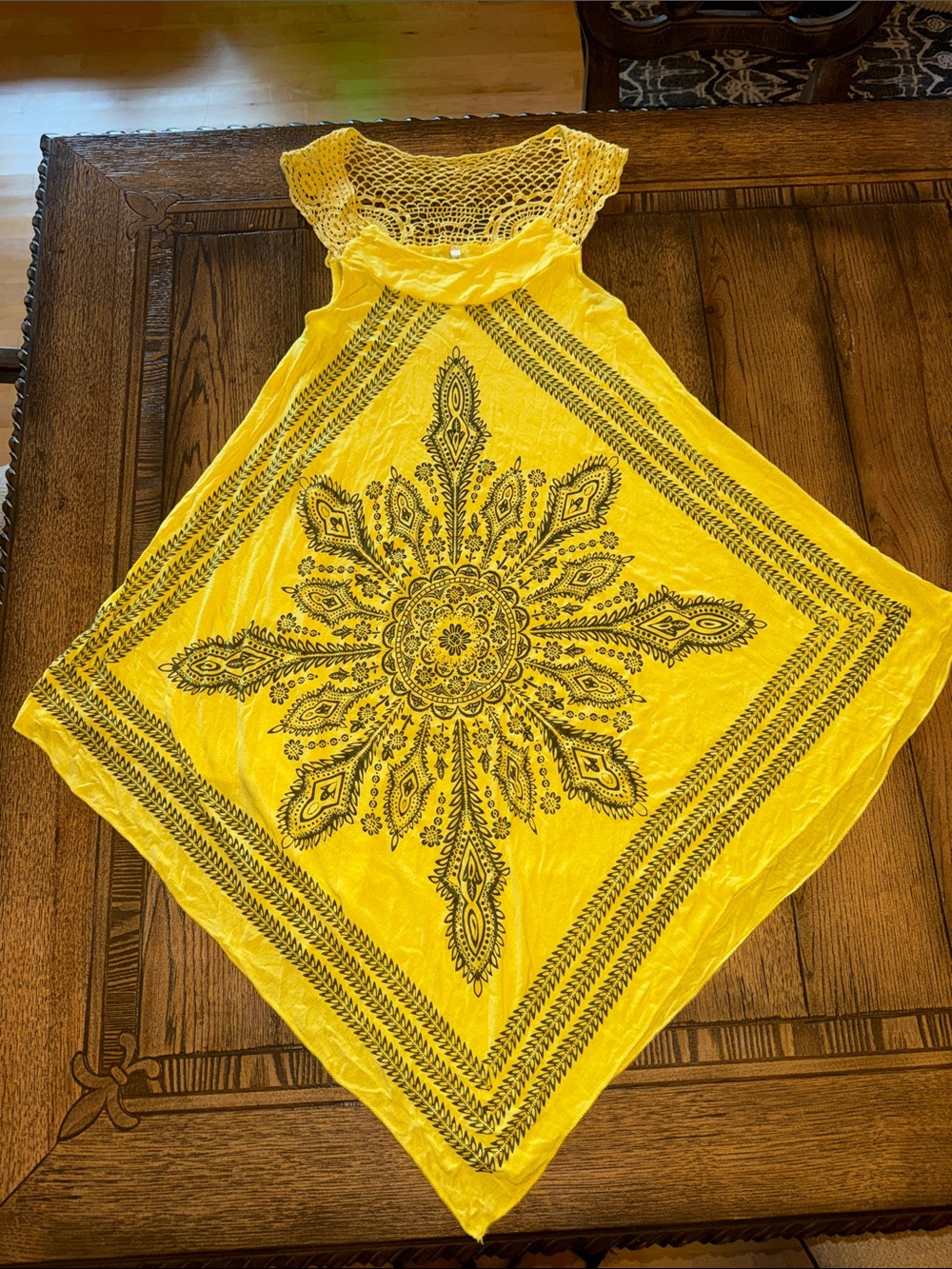 India Boutique Yellow Boho Crochet-Yoke Handkerchief-Hem Dress